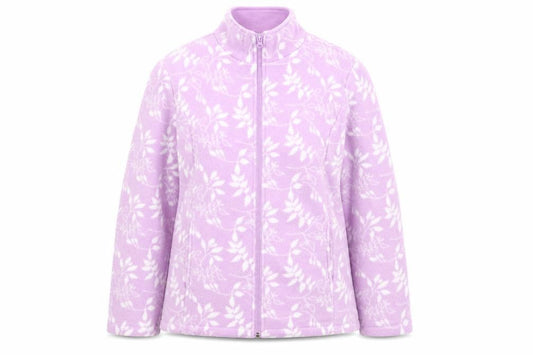 Front view of Anne De Lancay women’s purple geometric jacket, size UK 14, zip