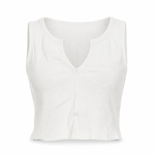 Front view of Missguided women’s white polyester cropped tank, size UK 12, v-neck