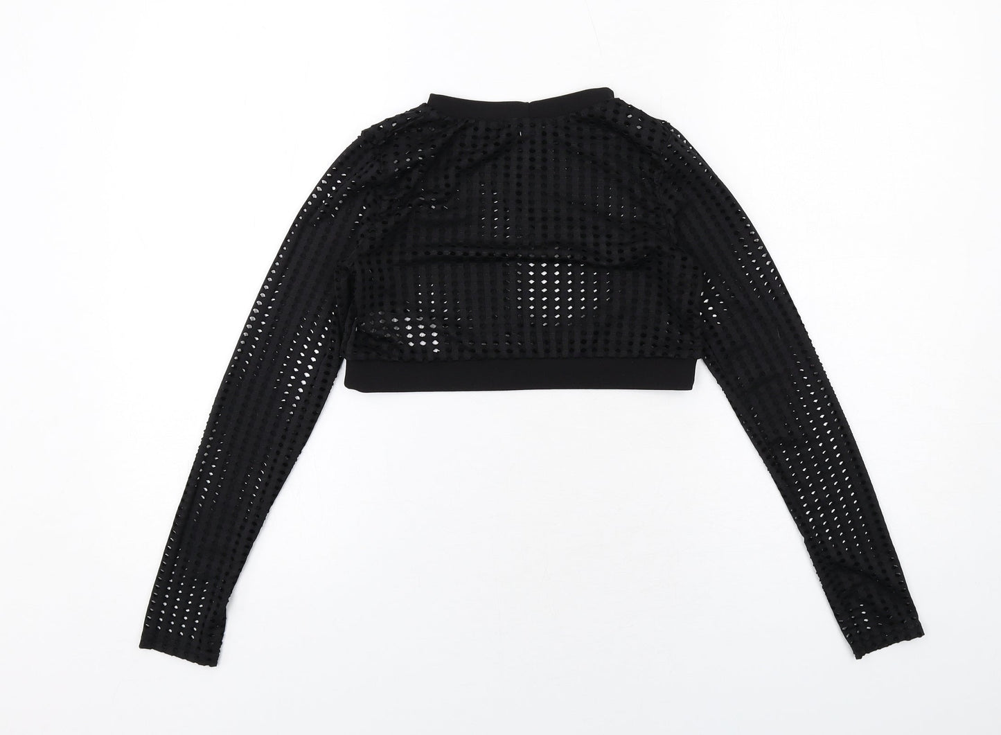 Cameo Rose Womens Black Polyester Cropped Blouse Size 10 Crew Neck - Perforated Cut Out