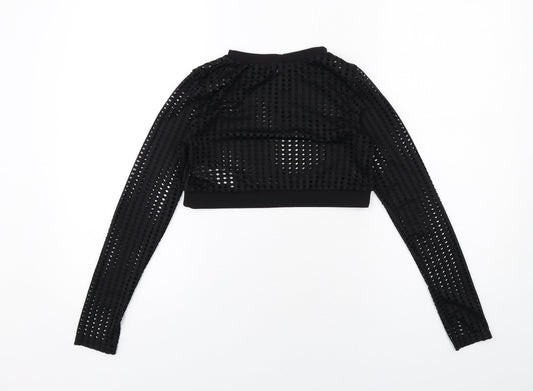 Cameo Rose Womens Black Polyester Cropped Blouse Size 10 Crew Neck - Perforated Cut Out