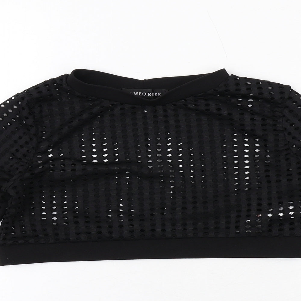 Cameo Rose Womens Black Polyester Cropped Blouse Size 10 Crew Neck - Perforated Cut Out