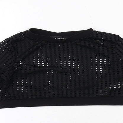 Cameo Rose Womens Black Polyester Cropped Blouse Size 10 Crew Neck - Perforated Cut Out