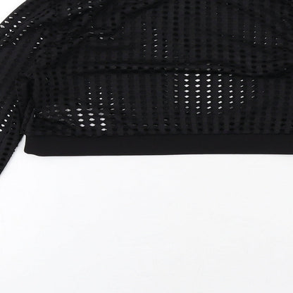 Cameo Rose Womens Black Polyester Cropped Blouse Size 10 Crew Neck - Perforated Cut Out