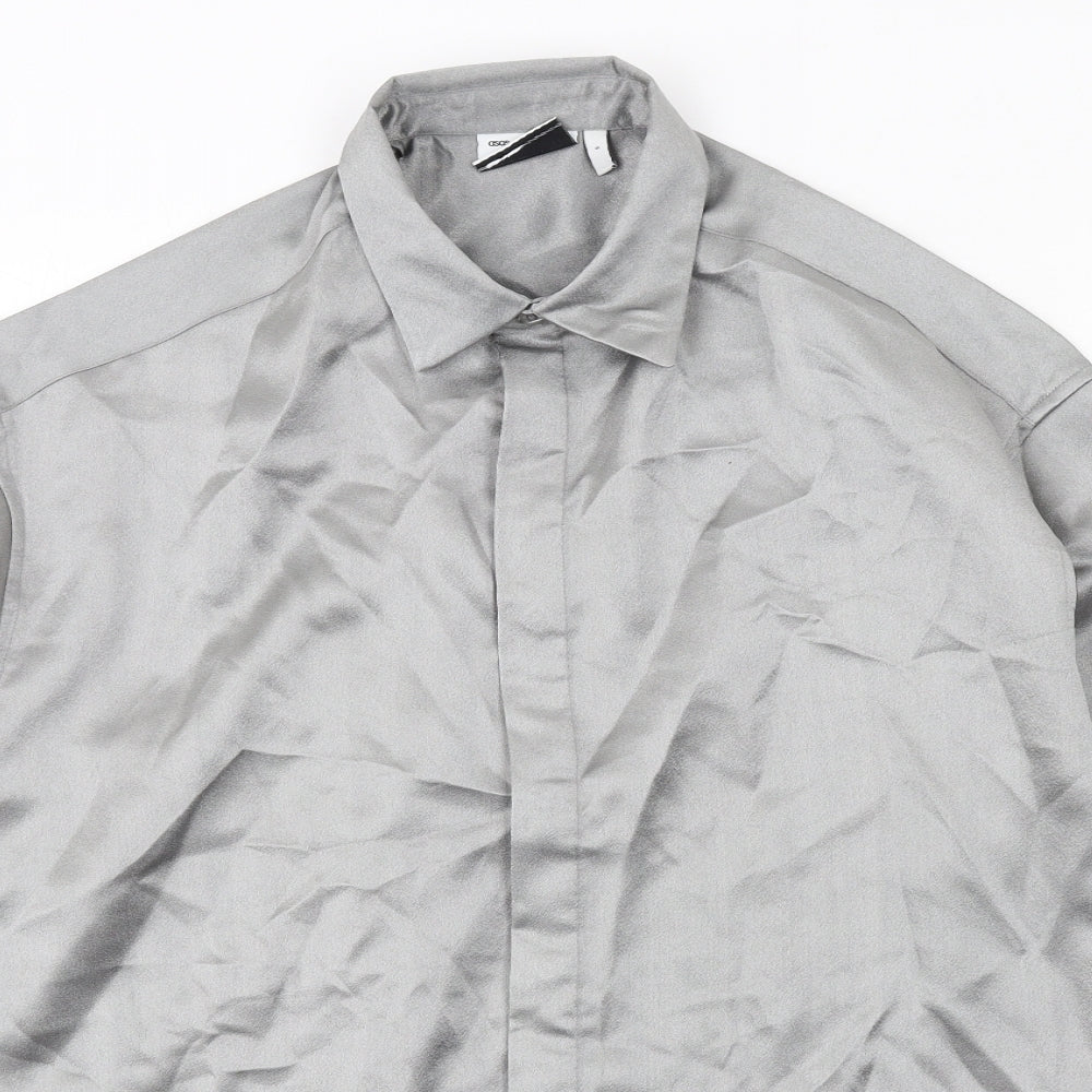 ASOS Mens Silver Polyester Button-Up Size S Collared Button