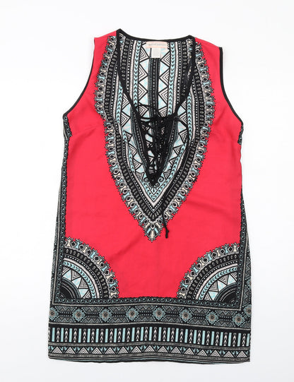 Band of Gypsies Womens Multicoloured Geometric Polyester A-Line Size M V-Neck Pullover