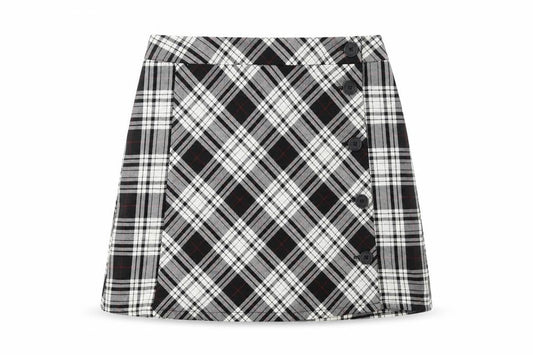 Front view of Cooperative women’s black plaid viscose mini skirt, size S, button