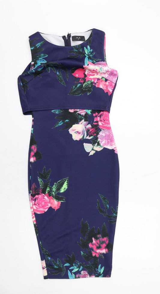 AX Paris Womens Blue Floral Polyester Shift Size 8 Round Neck