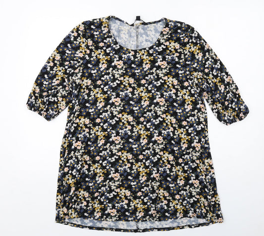 Capsule Womens Black Floral Viscose Tunic T-Shirt Size 16 Round Neck