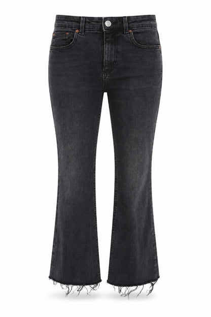 Front view of Denim & Co. women’s grey cotton bootcut jeans, size UK 6, 25-inch leg regular zip - frayed hem