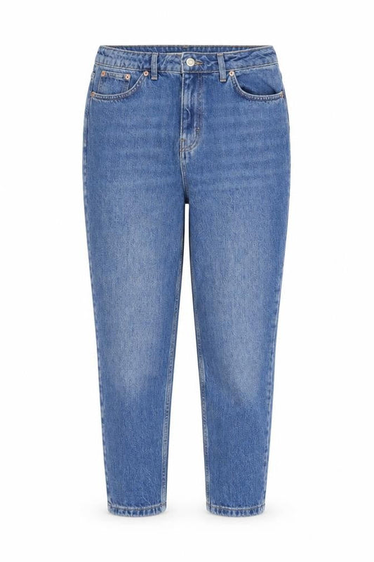 Front view of ASOS women’s blue cotton tapered jeans, size UK 32, in, 28-inch leg regular zip