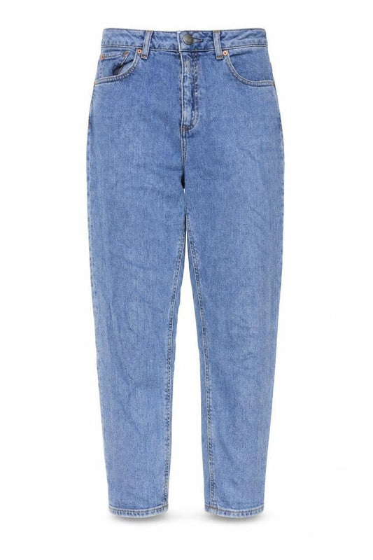 Front view of ASOS women’s blue cotton tapered jeans, size UK 28, in, 30-inch leg regular zip