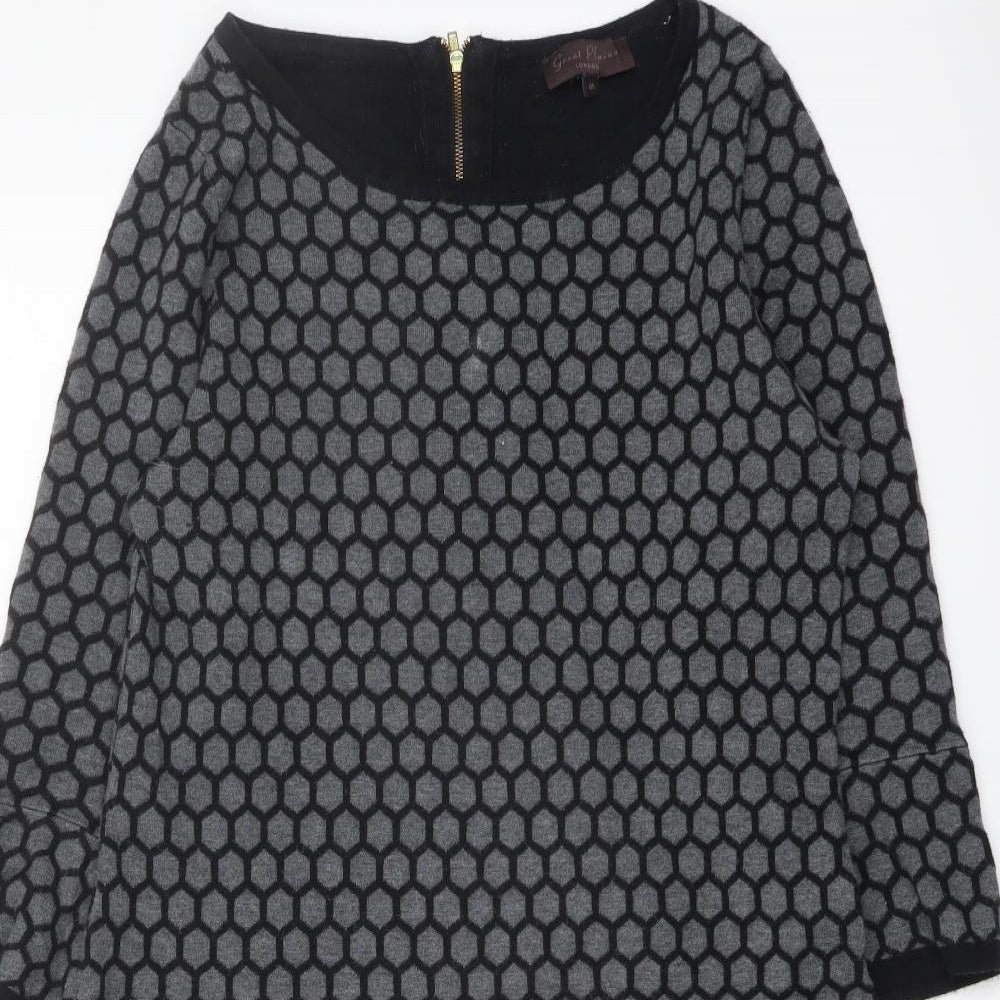 Great Plains Womens Grey Geometric Cotton Jumper Dress Size M Round Neck Zip