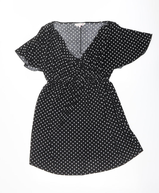 Red Herring Womens Black Polka Dot Polyester A-Line Size 10 V-Neck Pullover