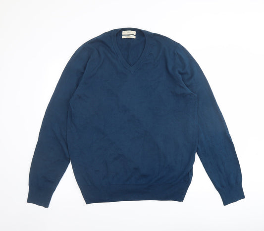 Marks and Spencer Mens Blue V-Neck Cotton Pullover Jumper Size L 3/4 Sleeve