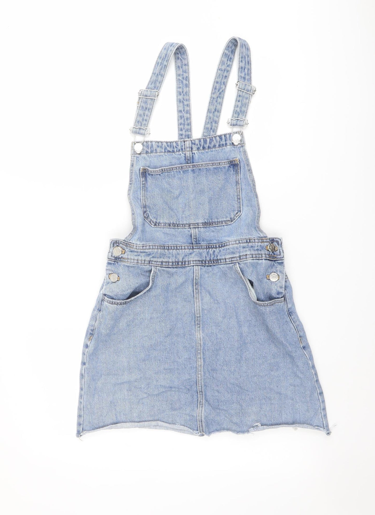 Zara Womens Blue Cotton Pinafore/Dungaree Dress Size 4 Square Neck Buckle