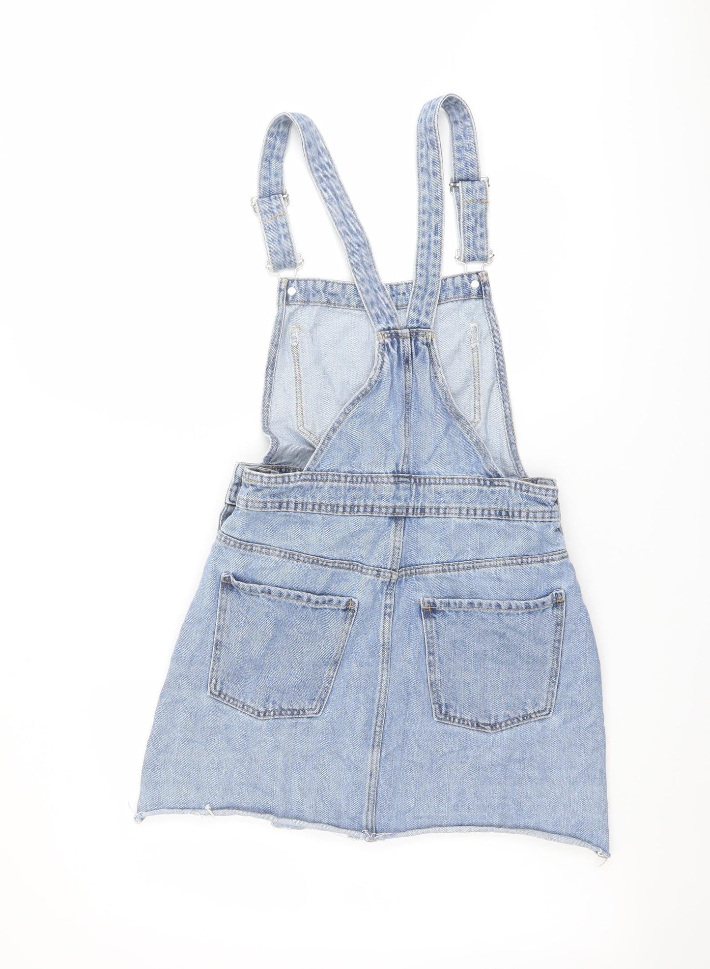 Zara Womens Blue Cotton Pinafore/Dungaree Dress Size 4 Square Neck Buckle