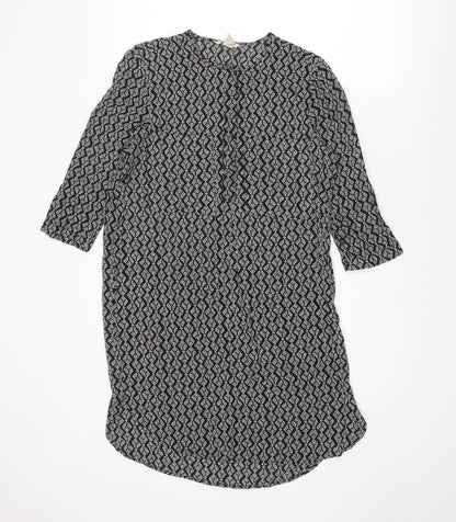 H&M Womens Black Geometric Viscose A-Line Size 8 Round Neck Button