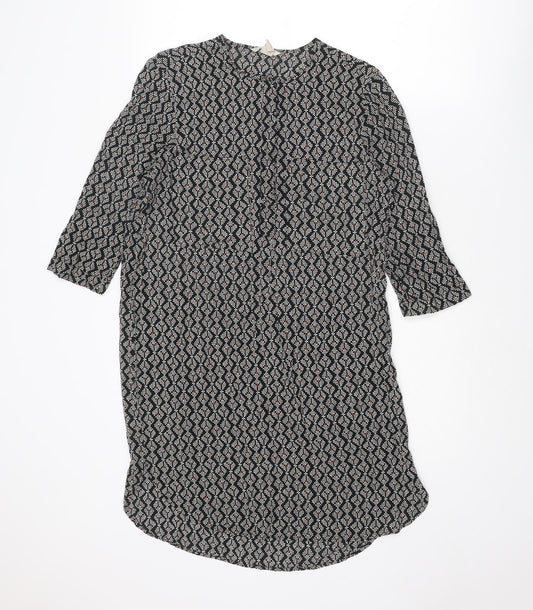 H&M Womens Black Geometric Viscose A-Line Size 8 Round Neck Button