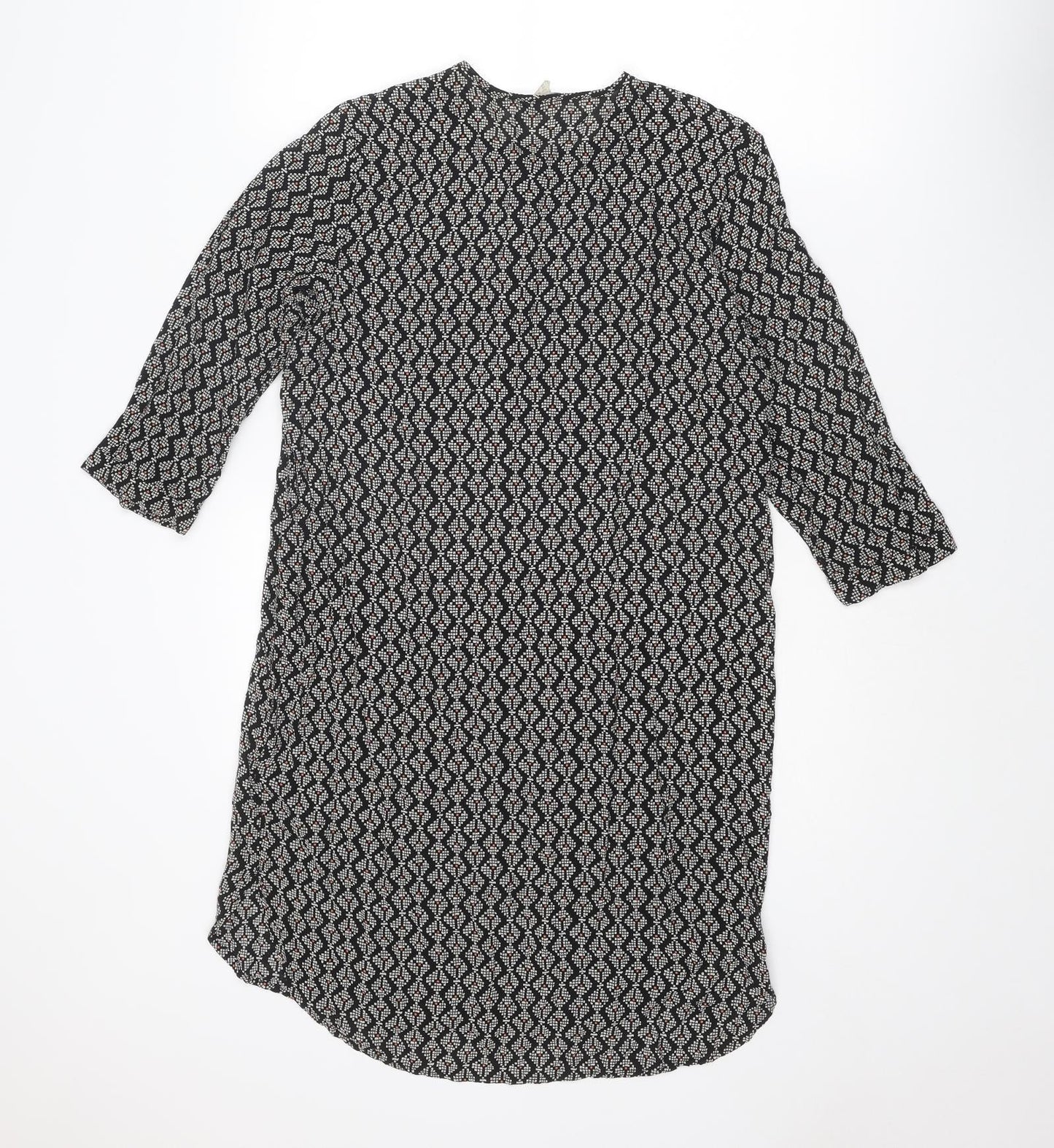 H&M Womens Black Geometric Viscose A-Line Size 8 Round Neck Button