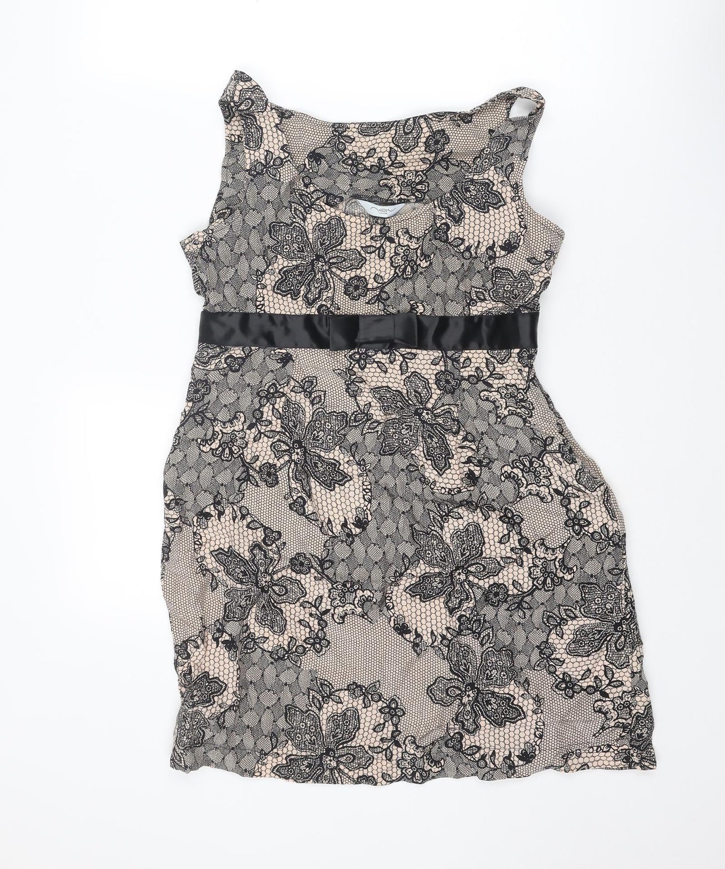 New Look Womens Pink Floral Polyester Pencil Dress Size 12 Boat Neck Zip - Lace Overlay