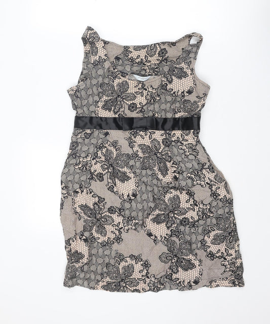 New Look Womens Pink Floral Polyester Pencil Dress Size 12 Boat Neck Zip - Lace Overlay