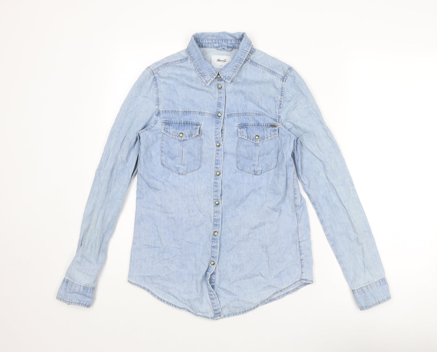 Denim & Co. Womens Blue Cotton Basic Button-Up Size 8 Collared