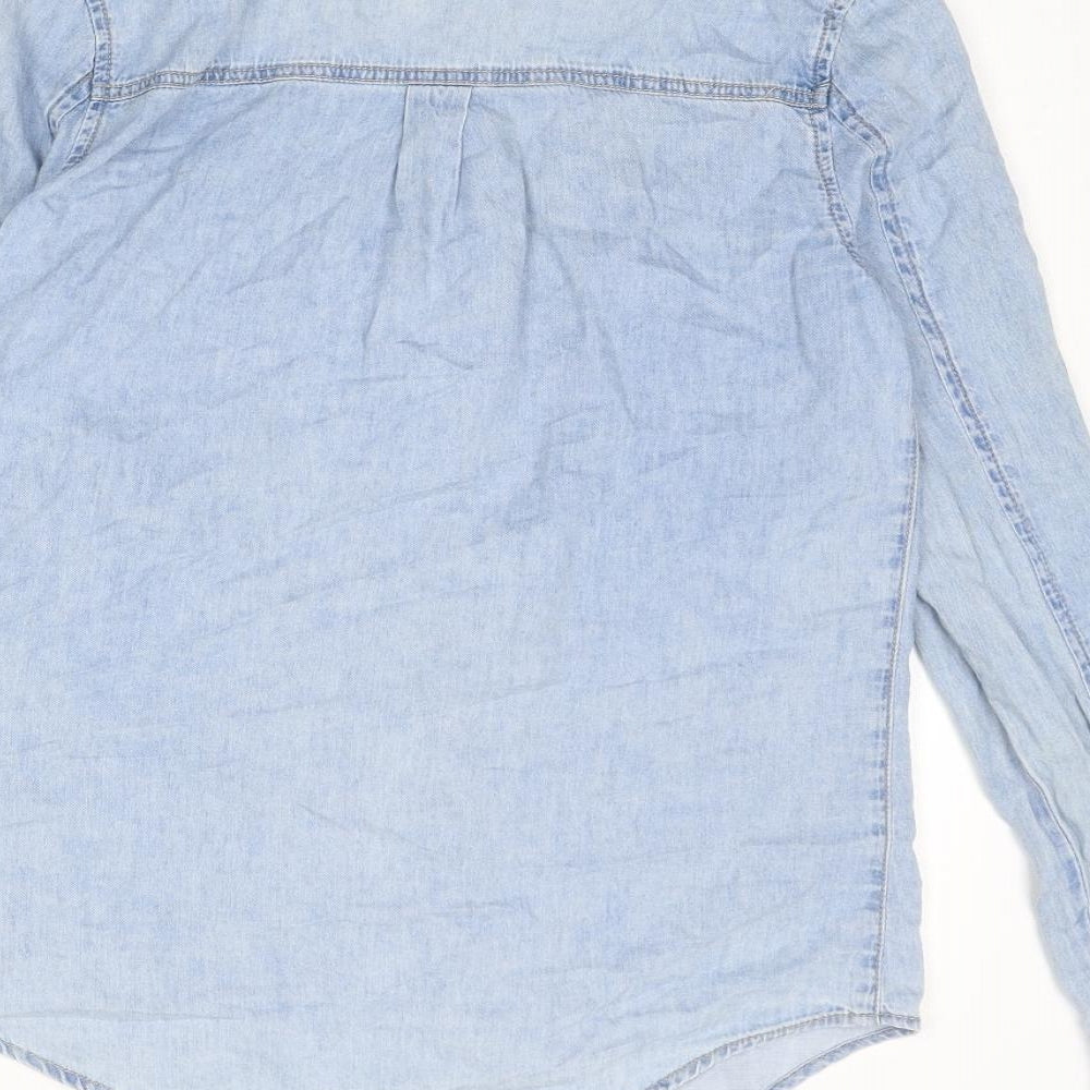 Denim & Co. Womens Blue Cotton Basic Button-Up Size 8 Collared