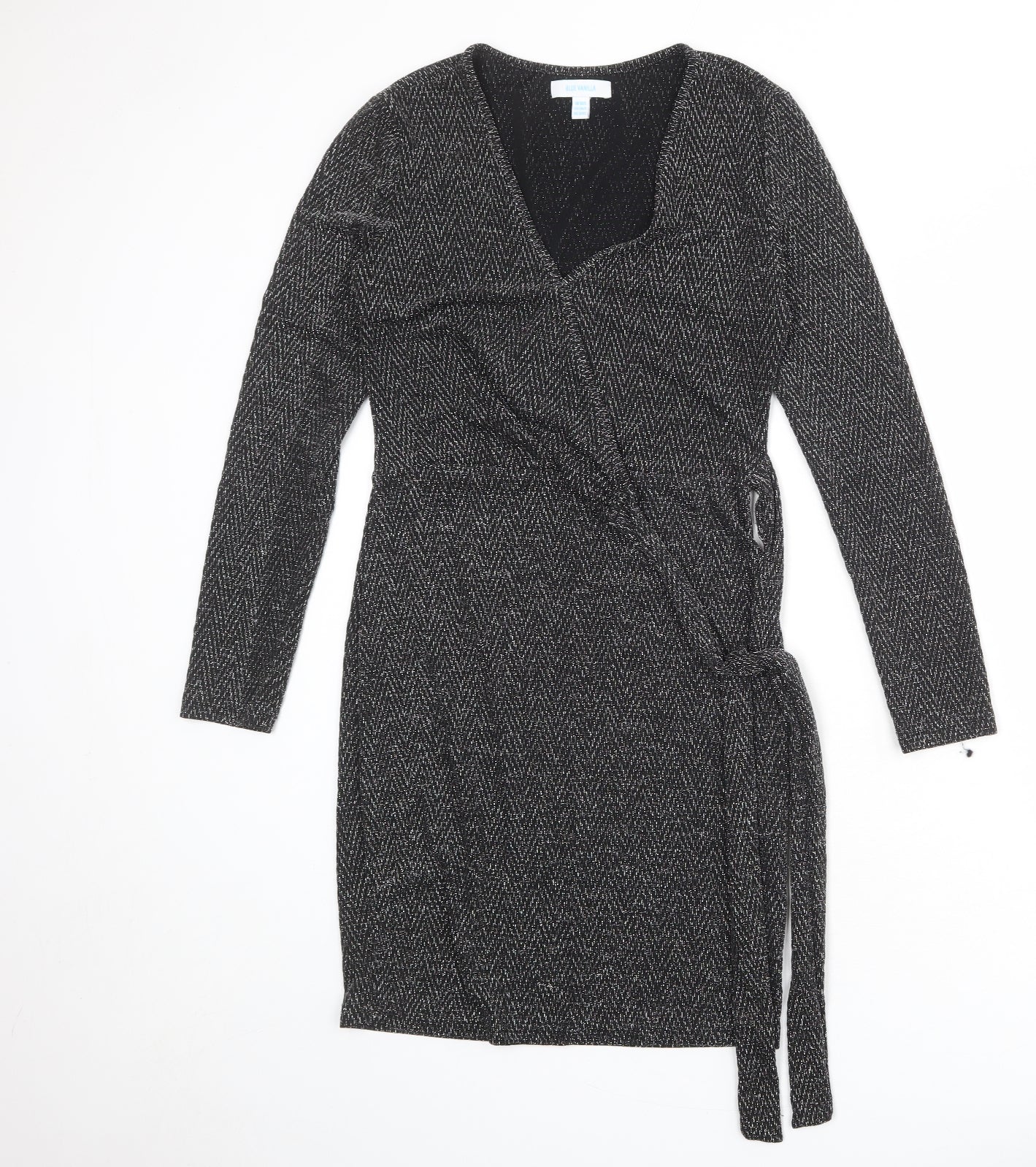 Blue Vanilla Womens Black Geometric Nylon Wrap Dress Size 10 V-Neck Tie