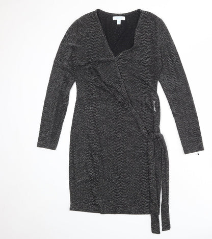 Blue Vanilla Womens Black Geometric Nylon Wrap Dress Size 10 V-Neck Tie