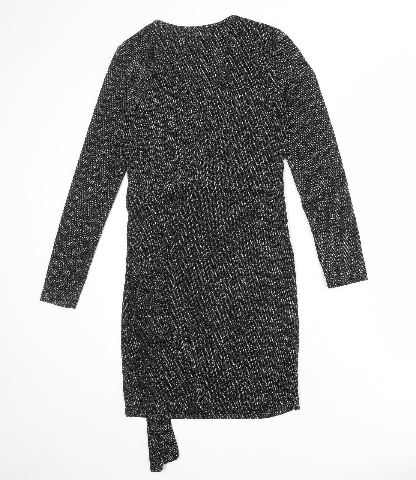 Blue Vanilla Womens Black Geometric Nylon Wrap Dress Size 10 V-Neck Tie