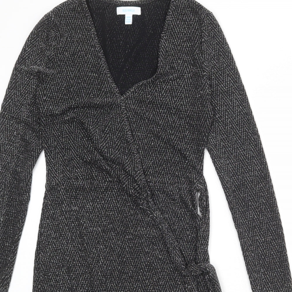 Blue Vanilla Womens Black Geometric Nylon Wrap Dress Size 10 V-Neck Tie