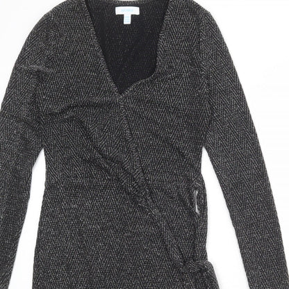 Blue Vanilla Womens Black Geometric Nylon Wrap Dress Size 10 V-Neck Tie