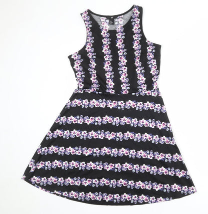 H&M Womens Black Floral Polyester Fit & Flare Size M Boat Neck Pullover