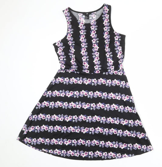 H&M Womens Black Floral Polyester Fit & Flare Size M Boat Neck Pullover