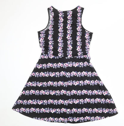 H&M Womens Black Floral Polyester Fit & Flare Size M Boat Neck Pullover