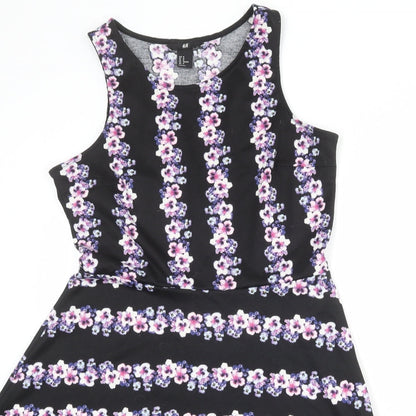 H&M Womens Black Floral Polyester Fit & Flare Size M Boat Neck Pullover