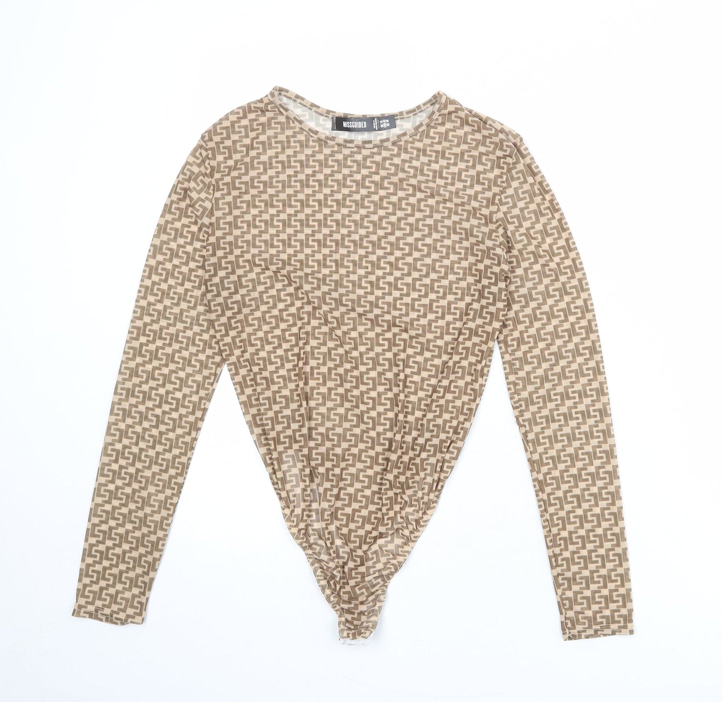 Missguided Womens Beige Geometric Polyester Bodysuit One-Piece Size 14 Snap