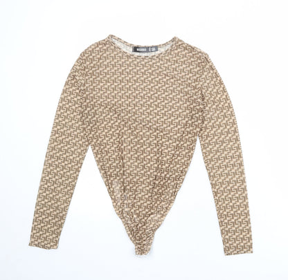 Missguided Womens Beige Geometric Polyester Bodysuit One-Piece Size 14 Snap