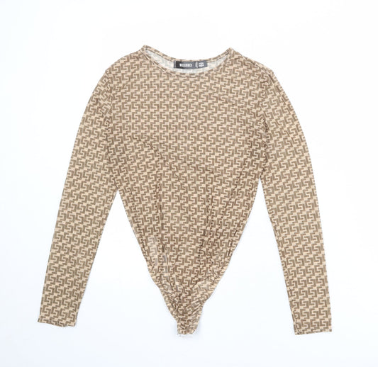 Missguided Womens Beige Geometric Polyester Bodysuit One-Piece Size 14 Snap