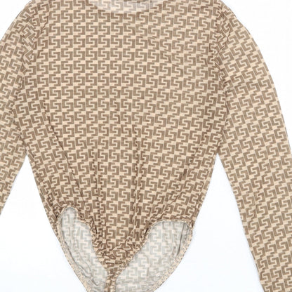 Missguided Womens Beige Geometric Polyester Bodysuit One-Piece Size 14 Snap