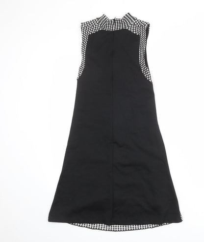 Zara Womens Black Geometric Polyester Tank Dress Size S Mock Neck Zip