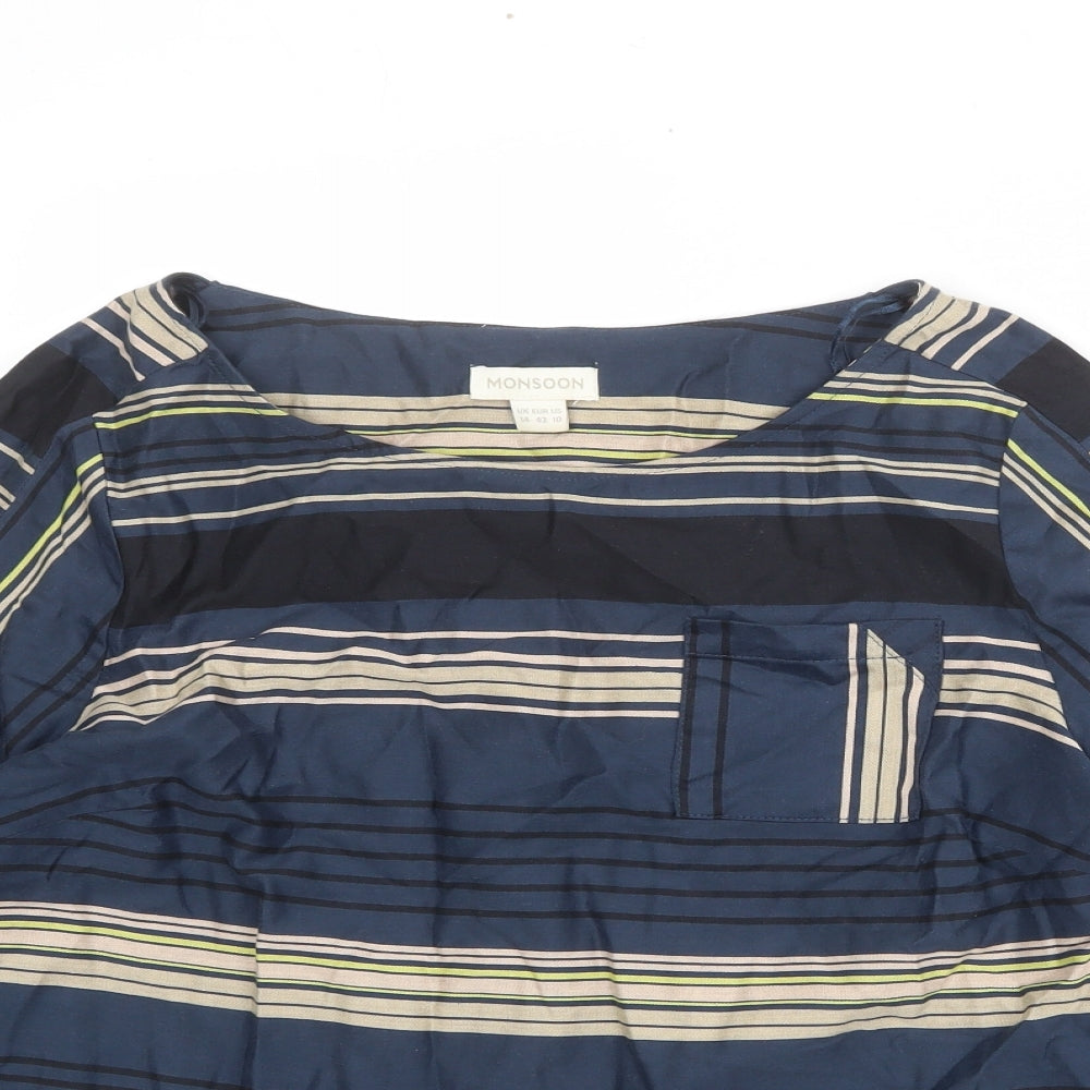 Monsoon Womens Multicoloured Striped 100% Cotton Basic Blouse Size 14 Boat Neck
