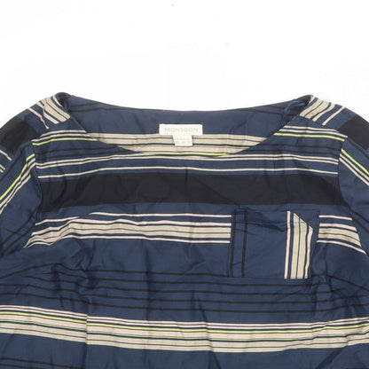 Monsoon Womens Multicoloured Striped 100% Cotton Basic Blouse Size 14 Boat Neck