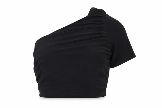 Front view of Missguided women’s black polyester cropped tank, size UK 12, one shoulder