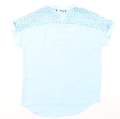 Redbalance Womens Blue Cotton Basic Blouse Size L V-Neck - Crocheted Lace Detail