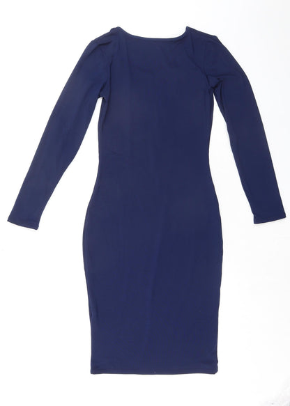 Vestidos Womens Blue Polyester Bodycon Size M Round Neck Pullover - Lace Up Back Detail