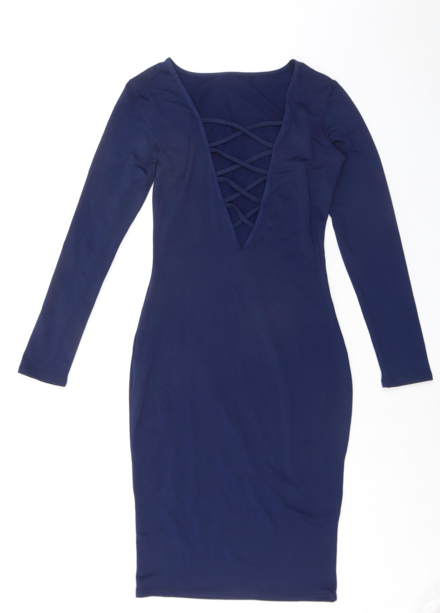 Vestidos Womens Blue Polyester Bodycon Size M Round Neck Pullover - Lace Up Back Detail