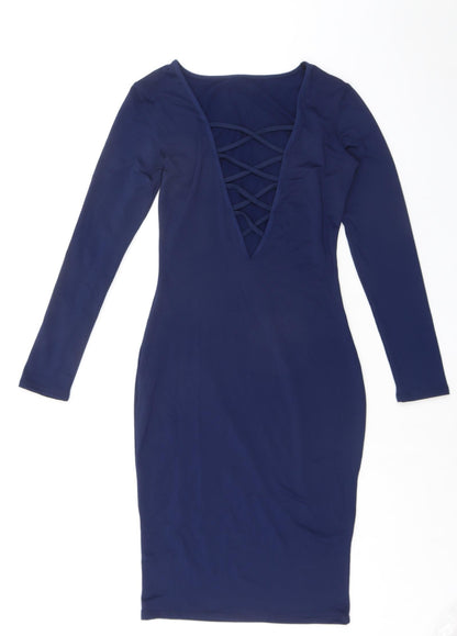 Vestidos Womens Blue Polyester Bodycon Size M Round Neck Pullover - Lace Up Back Detail