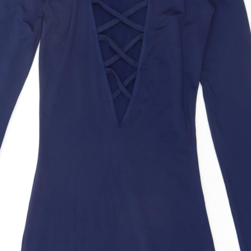 Vestidos Womens Blue Polyester Bodycon Size M Round Neck Pullover - Lace Up Back Detail