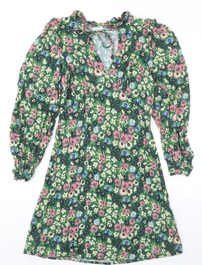 Warehouse Womens Green Floral Viscose A-Line Size 10 V-Neck Lace Up
